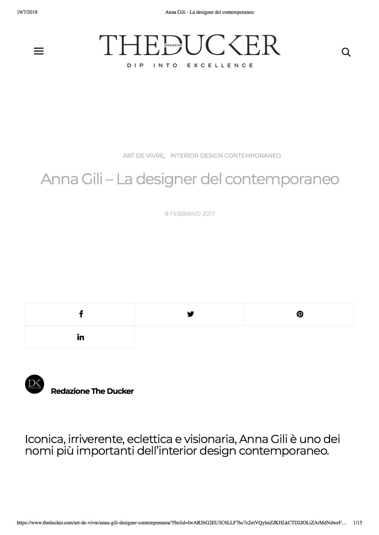 Anna Gili Press Theducker Magazine - La designer del contemporaneo 2019